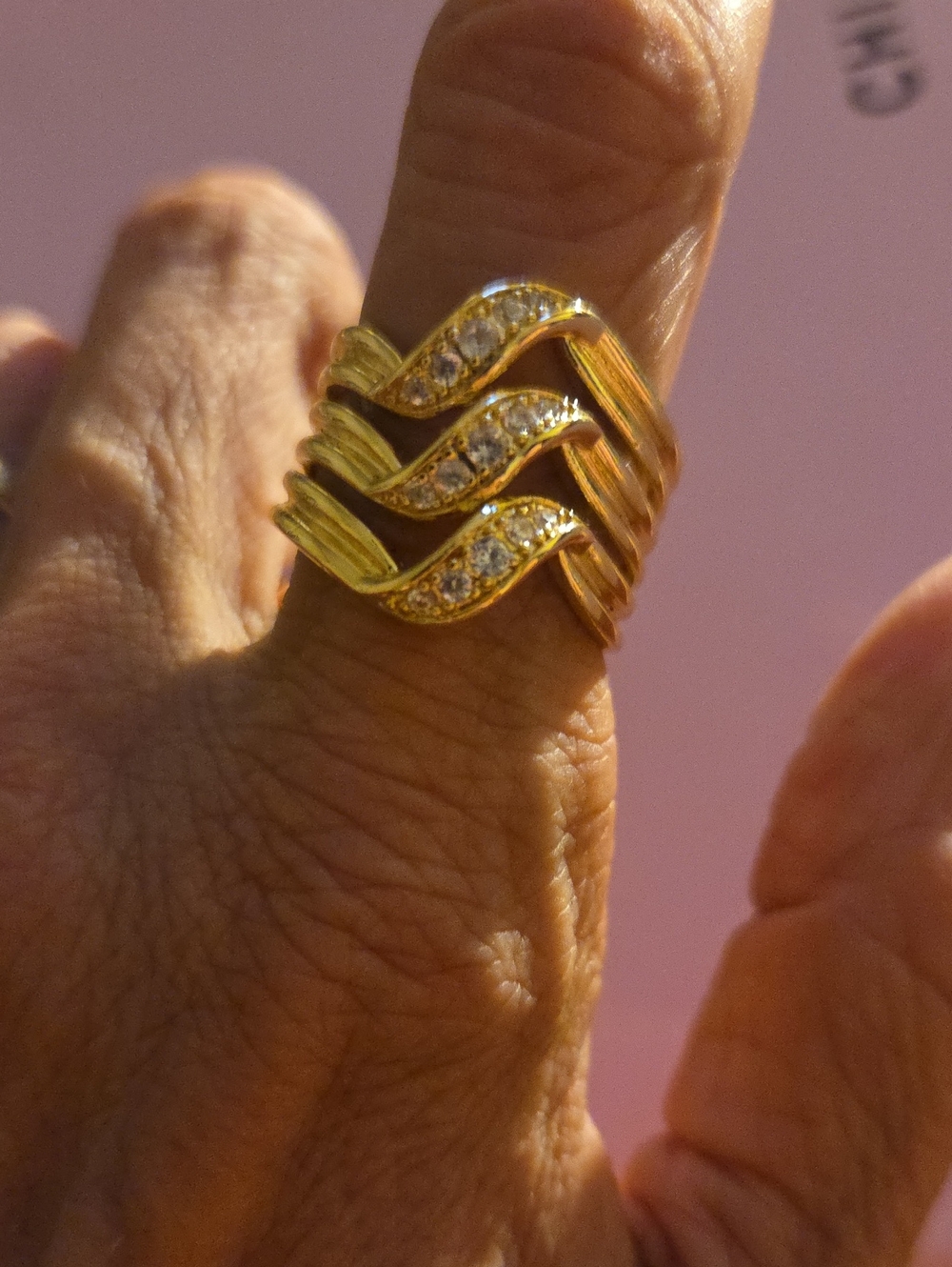 Elegant Gold Plated Wave Stack Ring with Clear Cz. Stones - Women Jewelry
